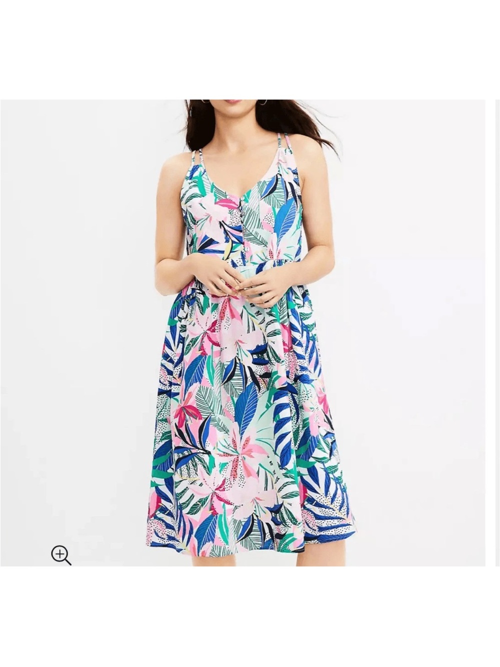 LOFT Tropical Floral Midi Dress in Blue, Pink, Green